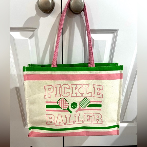Handbags - Pickleballer Tote Bag - Pink & Green Canvas Shopper